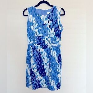Calvin Klein blue watercolor cotton lined sheath dress back zipper size S